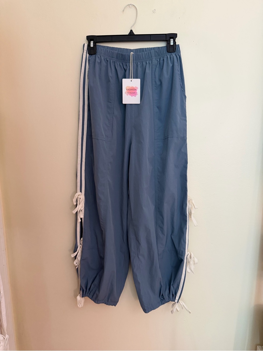 Light Blue Drawstring Track Pants with White Side Ties